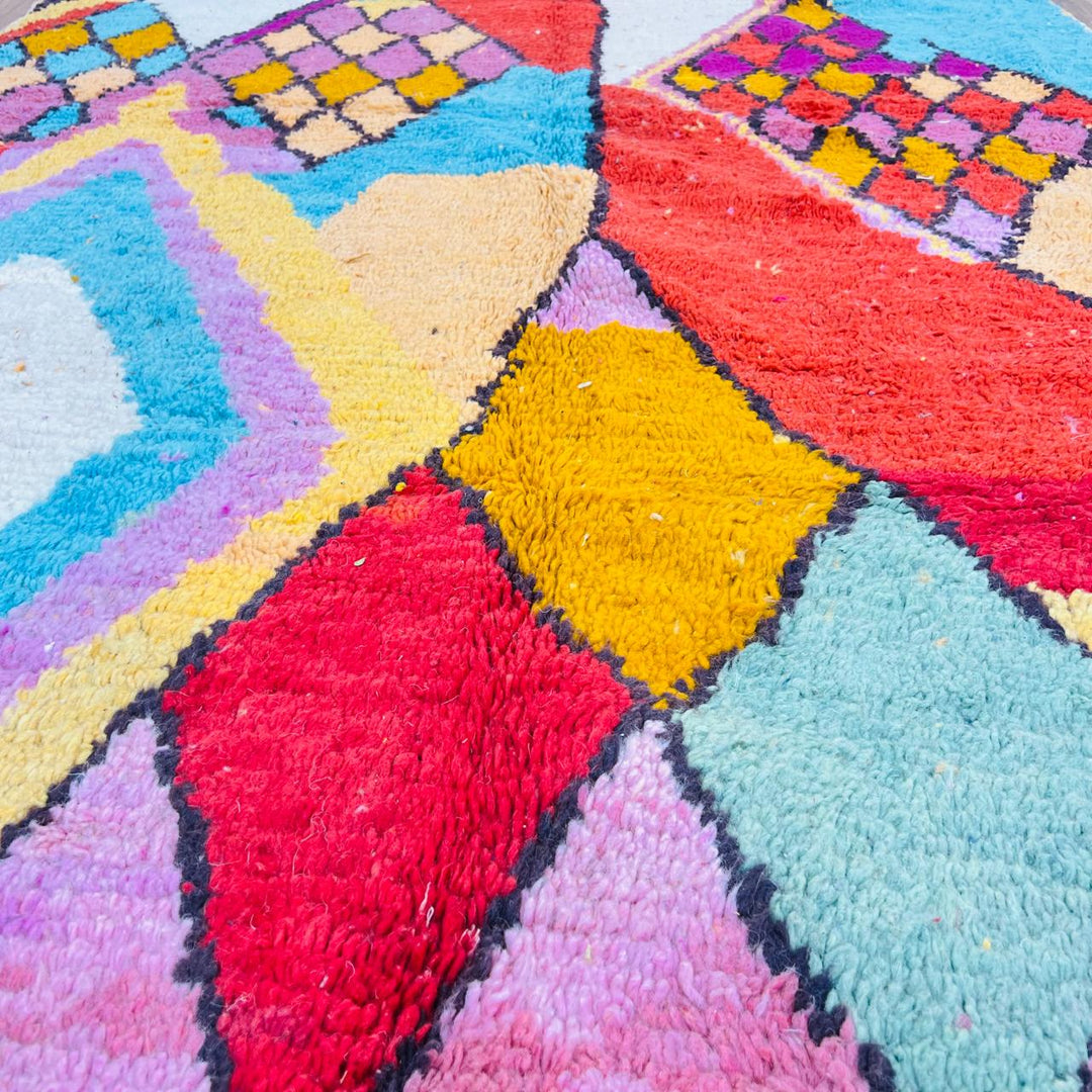 Vintage Moroccan wool rug with bold abstract geometric patterns in red, pink, yellow and blue, handwoven by Berber artisans – Rug 280