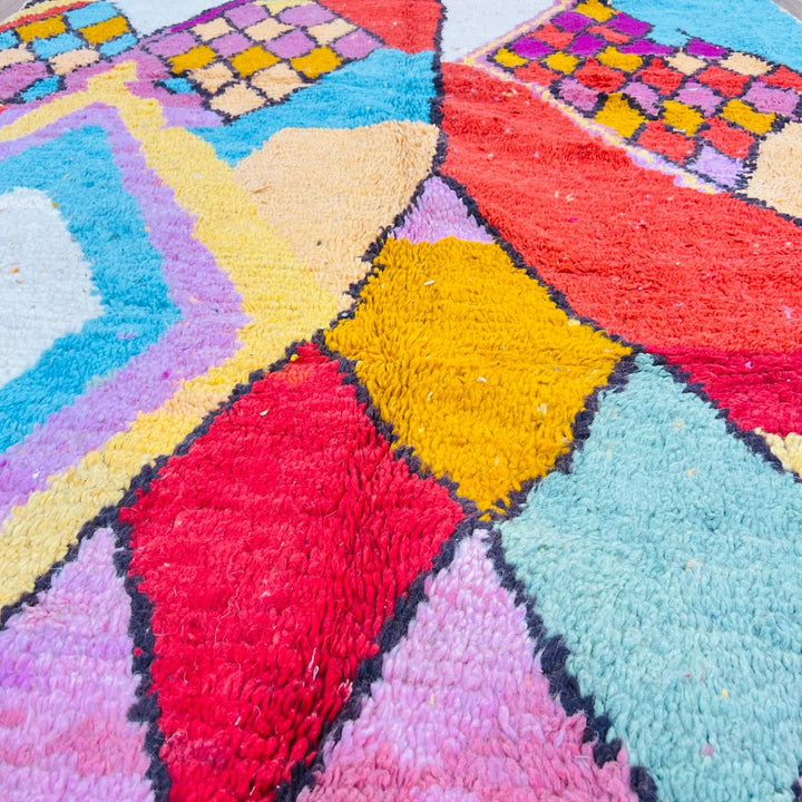 Vintage Moroccan wool rug with bold abstract geometric patterns in red, pink, yellow and blue, handwoven by Berber artisans – Rug 280