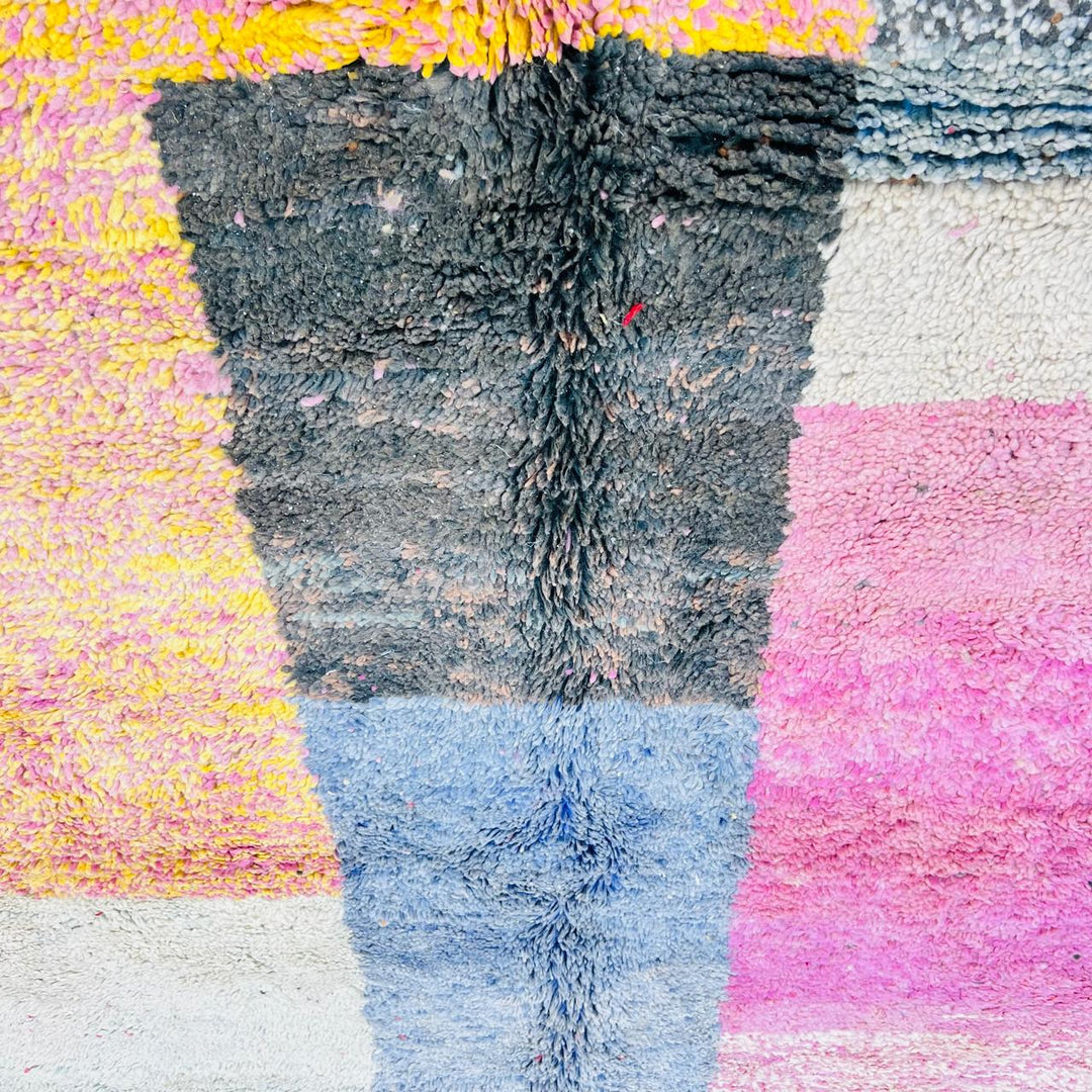 Vintage Moroccan wool rug with abstract color block design, handmade Berber carpet from Morocco