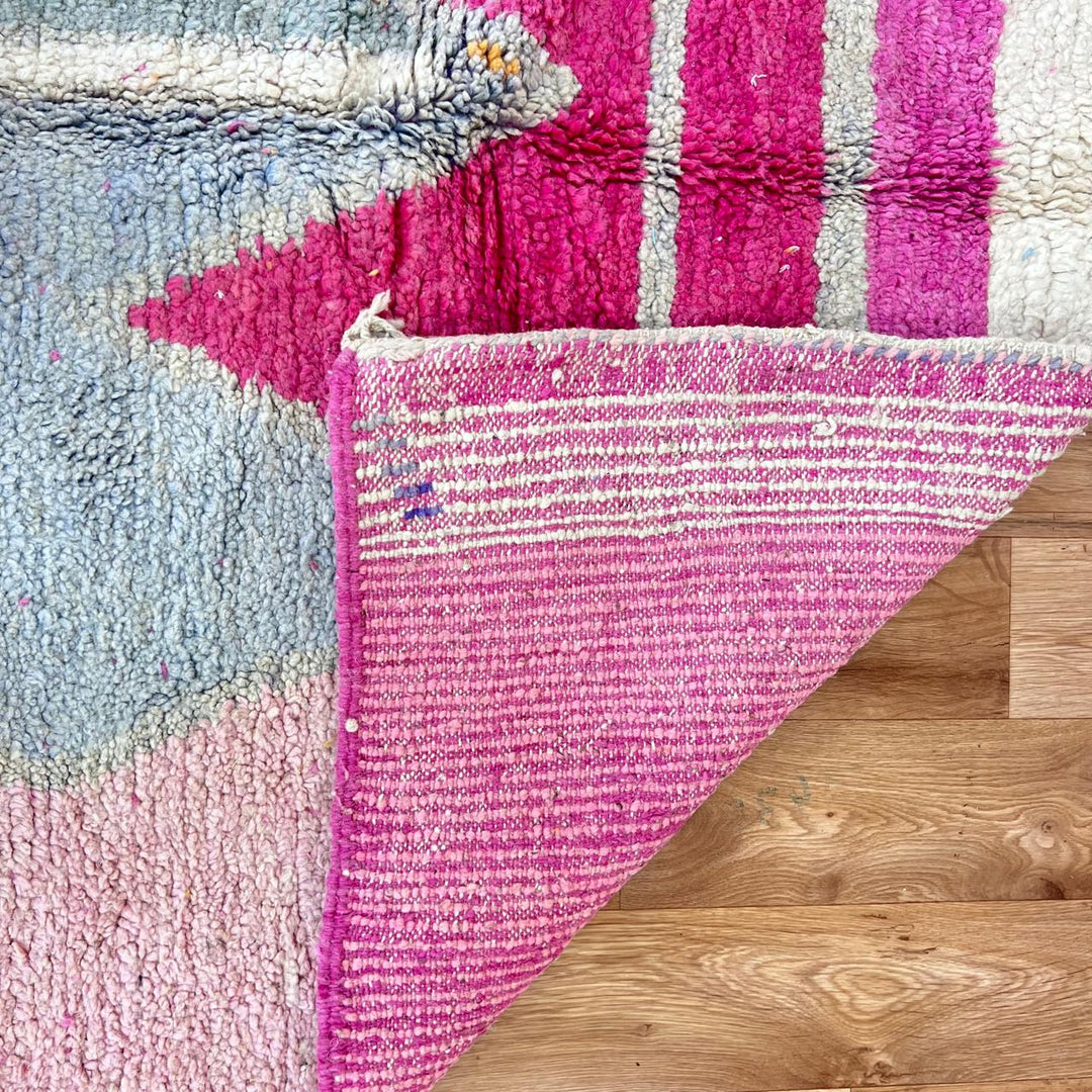 Vintage Moroccan wool rug 732 – handmade pink and mustard Berber carpet with geometric color block design (258 × 155 cm / 8.46 × 5.08 ft).