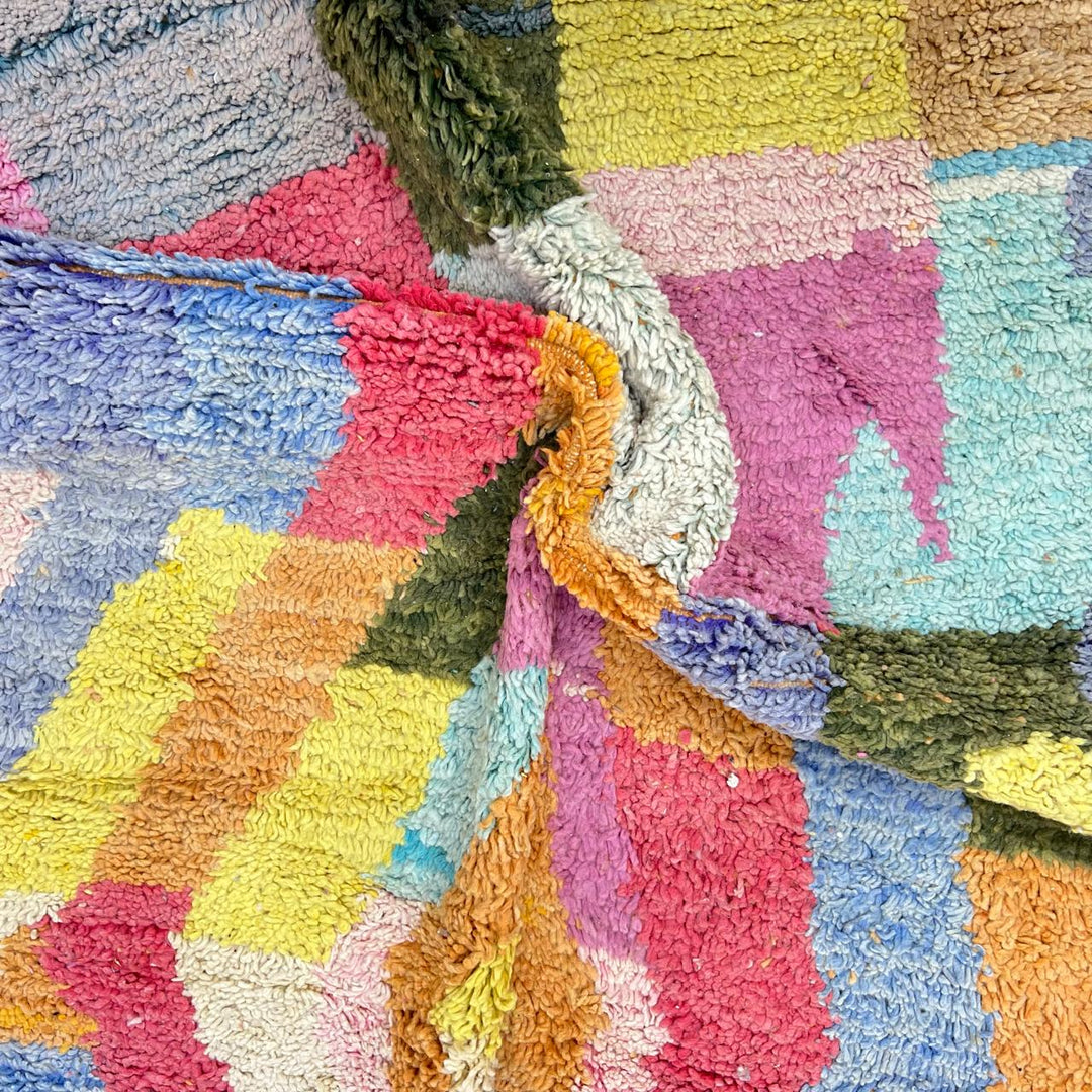 Vintage Moroccan wool rug 197 – handmade colorful geometric abstract Berber design (245 × 156 cm).
