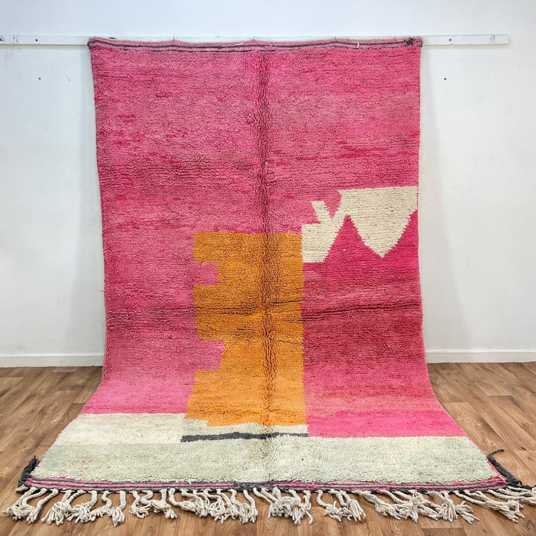 Vintage Moroccan wool rug 848 – handmade pink and orange Berber carpet, abstract color-block design, medium pile, 311 × 190 cm (10.20 × 6.23 ft).