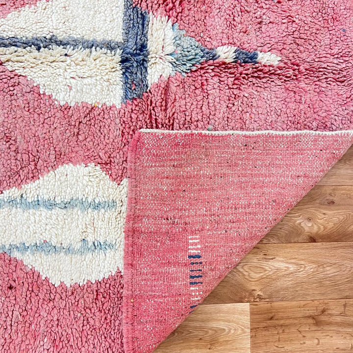 Vintage Moroccan wool rug 766 – handmade Berber carpet in faded red and sage green with geometric tribal motifs, 254 × 153 cm (8.33 × 5.02 ft).