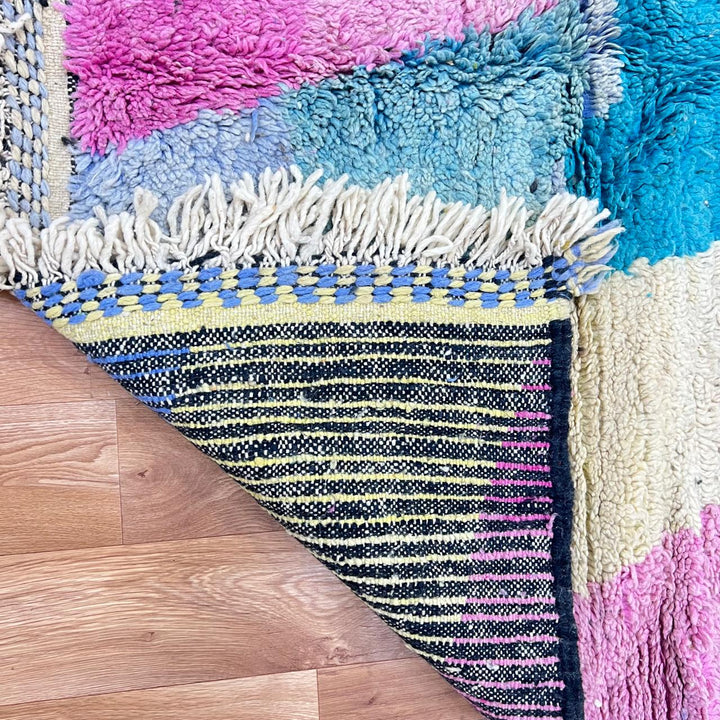 Vintage Moroccan wool rug 741 – handwoven Berber carpet with pastel pink, blue, and cream zigzag pattern, 253 × 159 cm (8.30 × 5.21 ft).