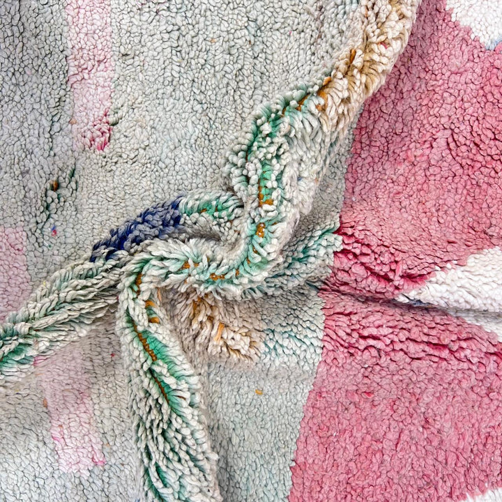 Vintage Moroccan wool rug 766 – handmade Berber carpet in faded red and sage green with geometric tribal motifs, 254 × 153 cm (8.33 × 5.02 ft).