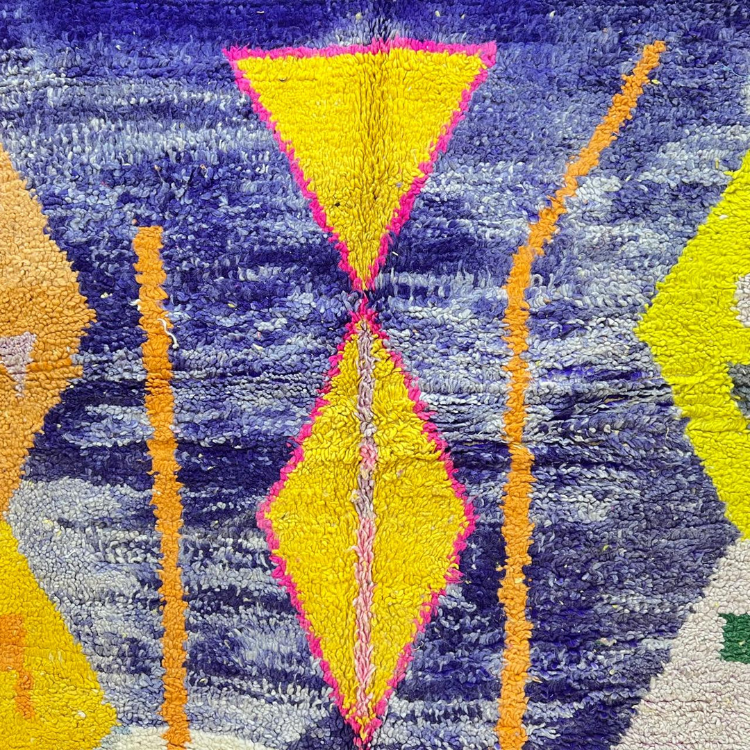 Vintage Moroccan wool rug 143 – handmade yellow, purple, and cream geometric Berber design (250 × 150 cm).