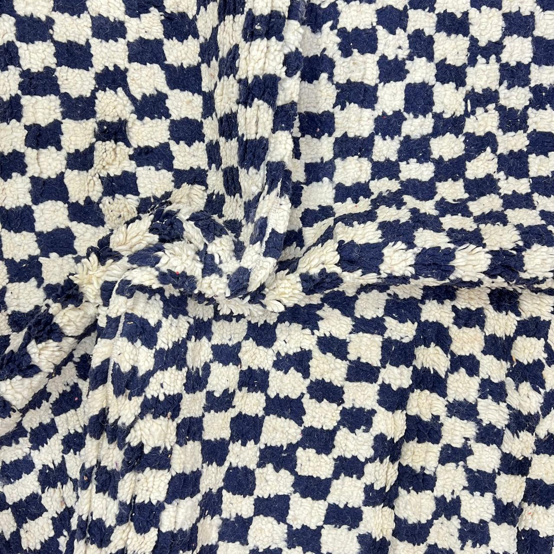 Vintage Moroccan wool rug 146 – handmade black and white checkered geometric Berber design (248 × 146 cm).