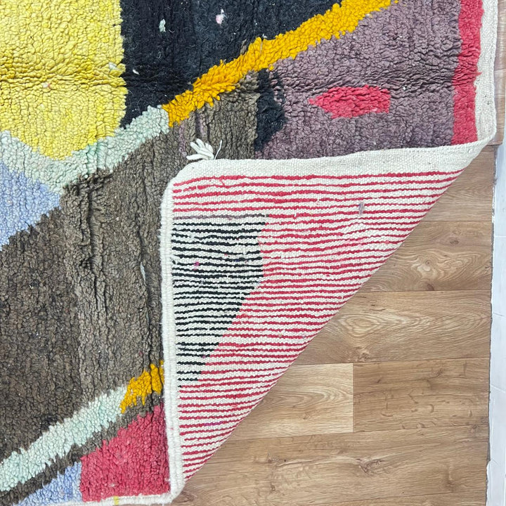 Vintage Moroccan wool rug 159 – handmade abstract geometric design in pink, yellow, and turquoise tones (258 × 158 cm).