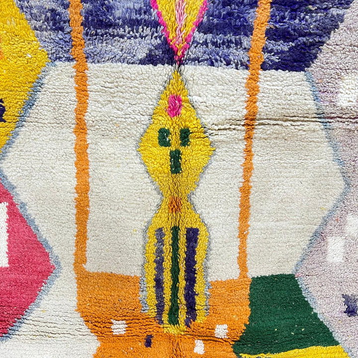 Vintage Moroccan wool rug 143 – handmade yellow, purple, and cream geometric Berber design (250 × 150 cm).
