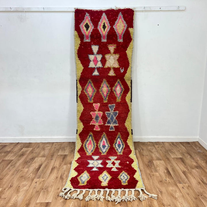 Vintage Moroccan wool rug 820 – red Berber runner with yellow borders and geometric diamond motifs (290 × 84 cm / 9.51 × 2.75 ft).