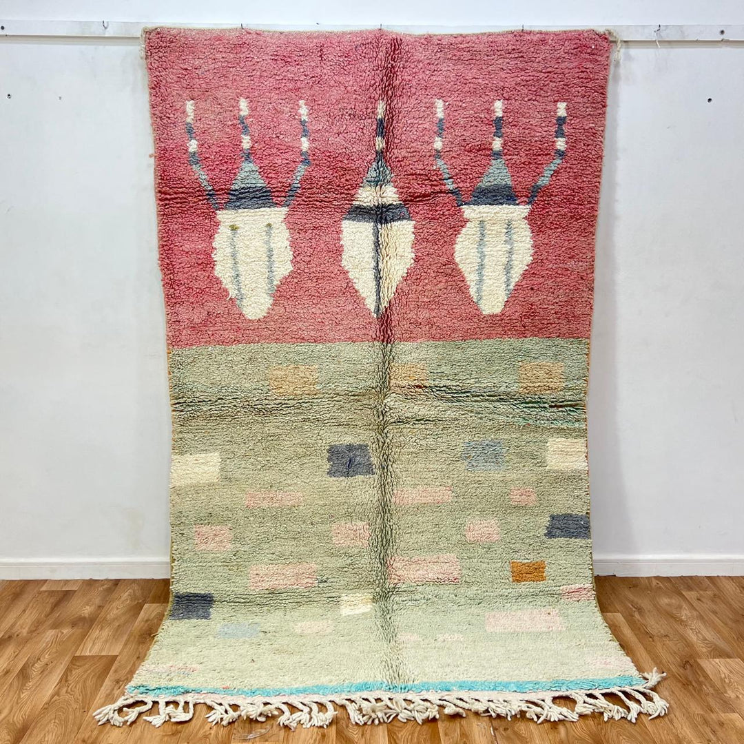 Vintage Moroccan wool rug 766 – handmade Berber carpet in faded red and sage green with geometric tribal motifs, 254 × 153 cm (8.33 × 5.02 ft).