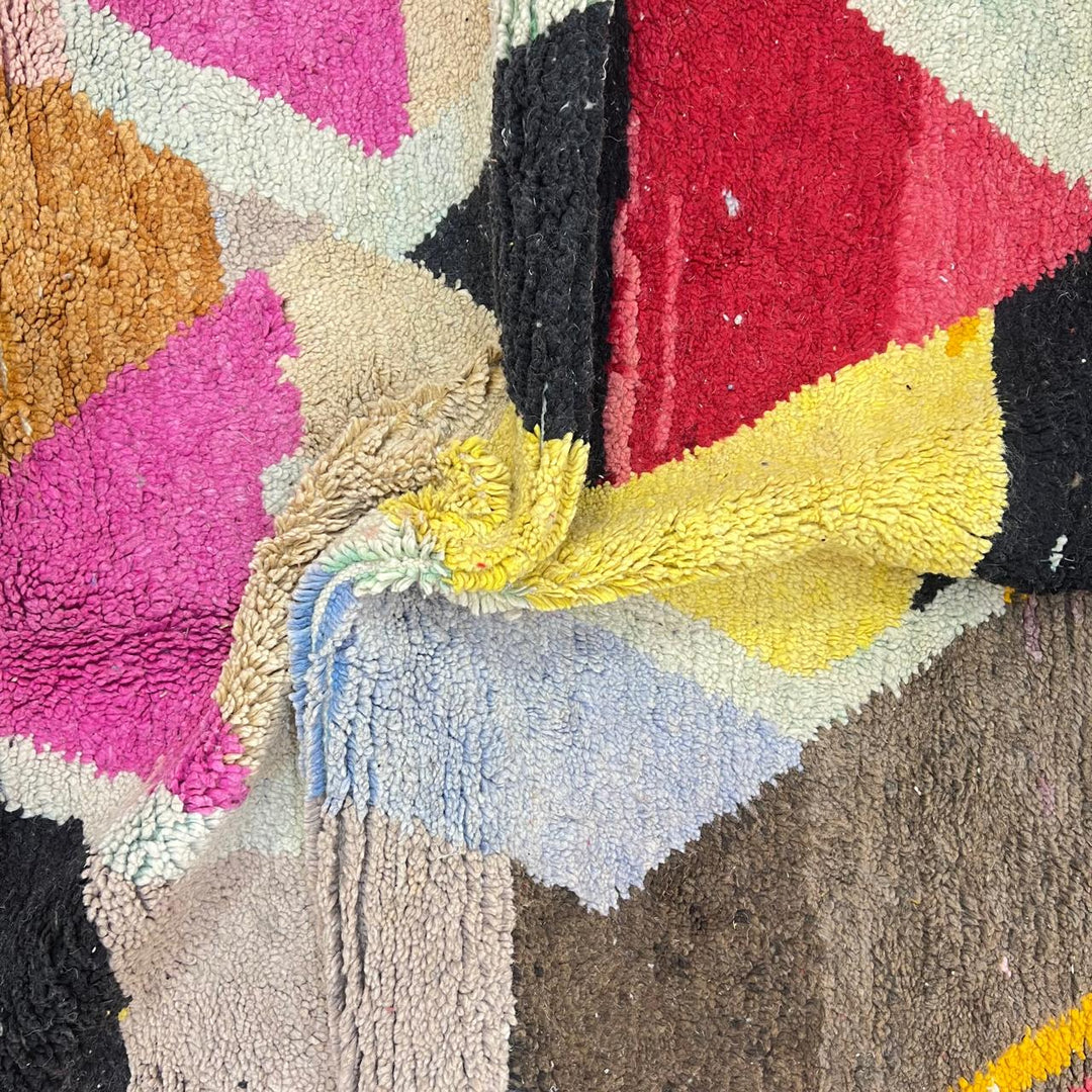 Vintage Moroccan wool rug 159 – handmade abstract geometric design in pink, yellow, and turquoise tones (258 × 158 cm).