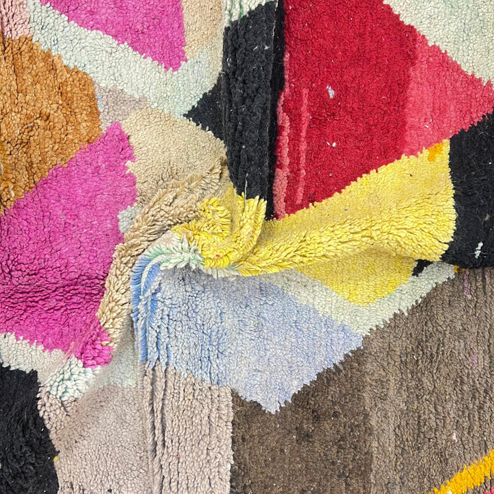 Vintage Moroccan wool rug 159 – handmade abstract geometric design in pink, yellow, and turquoise tones (258 × 158 cm).