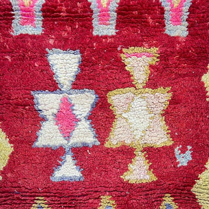 Vintage Moroccan wool rug 820 – red Berber runner with yellow borders and geometric diamond motifs (290 × 84 cm / 9.51 × 2.75 ft).