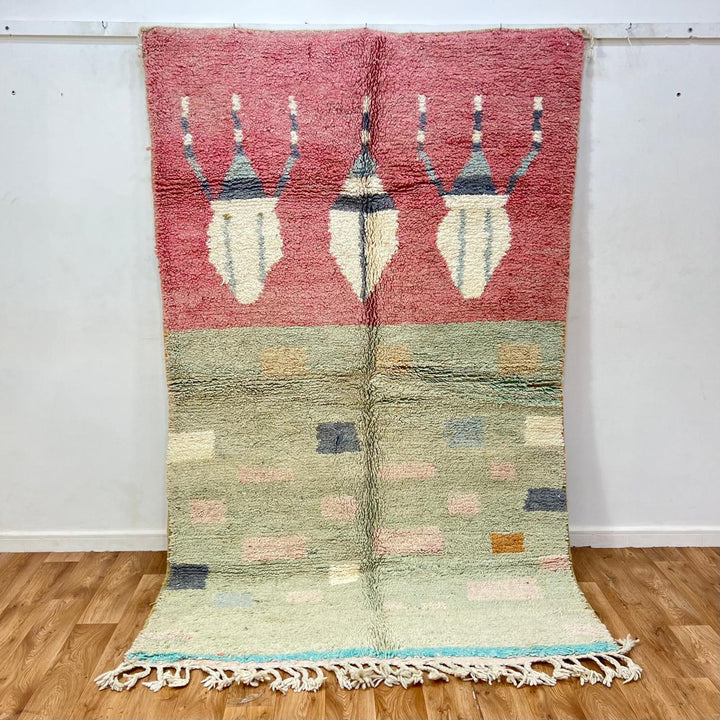 Vintage Moroccan wool rug 766 – handmade Berber carpet in faded red and sage green with geometric tribal motifs, 254 × 153 cm (8.33 × 5.02 ft).