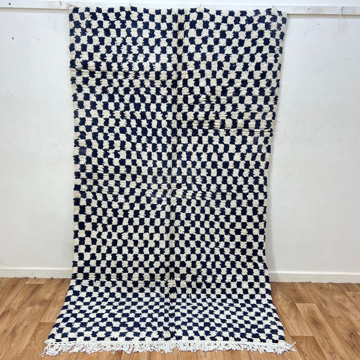 Vintage Moroccan wool rug 146 – handmade black and white checkered geometric Berber design (248 × 146 cm).