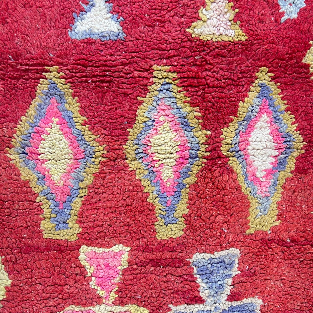Vintage Moroccan wool rug 820 – red Berber runner with yellow borders and geometric diamond motifs (290 × 84 cm / 9.51 × 2.75 ft).