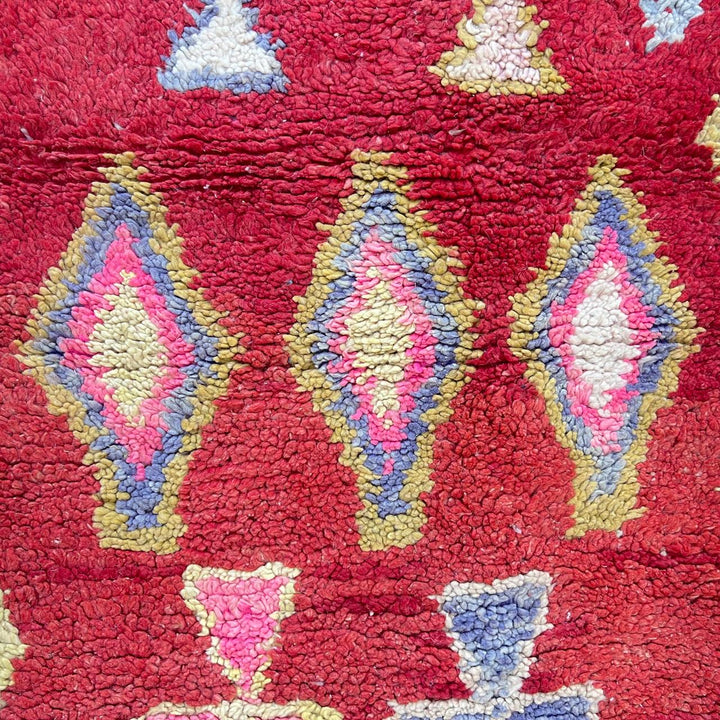 Vintage Moroccan wool rug 820 – red Berber runner with yellow borders and geometric diamond motifs (290 × 84 cm / 9.51 × 2.75 ft).