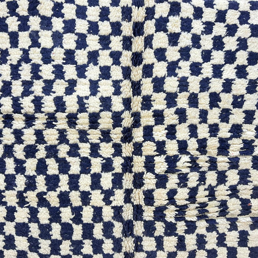 Vintage Moroccan wool rug 146 – handmade black and white checkered geometric Berber design (248 × 146 cm).