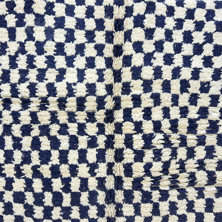 Vintage Moroccan wool rug 146 – handmade black and white checkered geometric Berber design (248 × 146 cm).