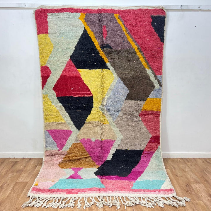 Vintage Moroccan wool rug 159 – handmade abstract geometric design in pink, yellow, and turquoise tones (258 × 158 cm).