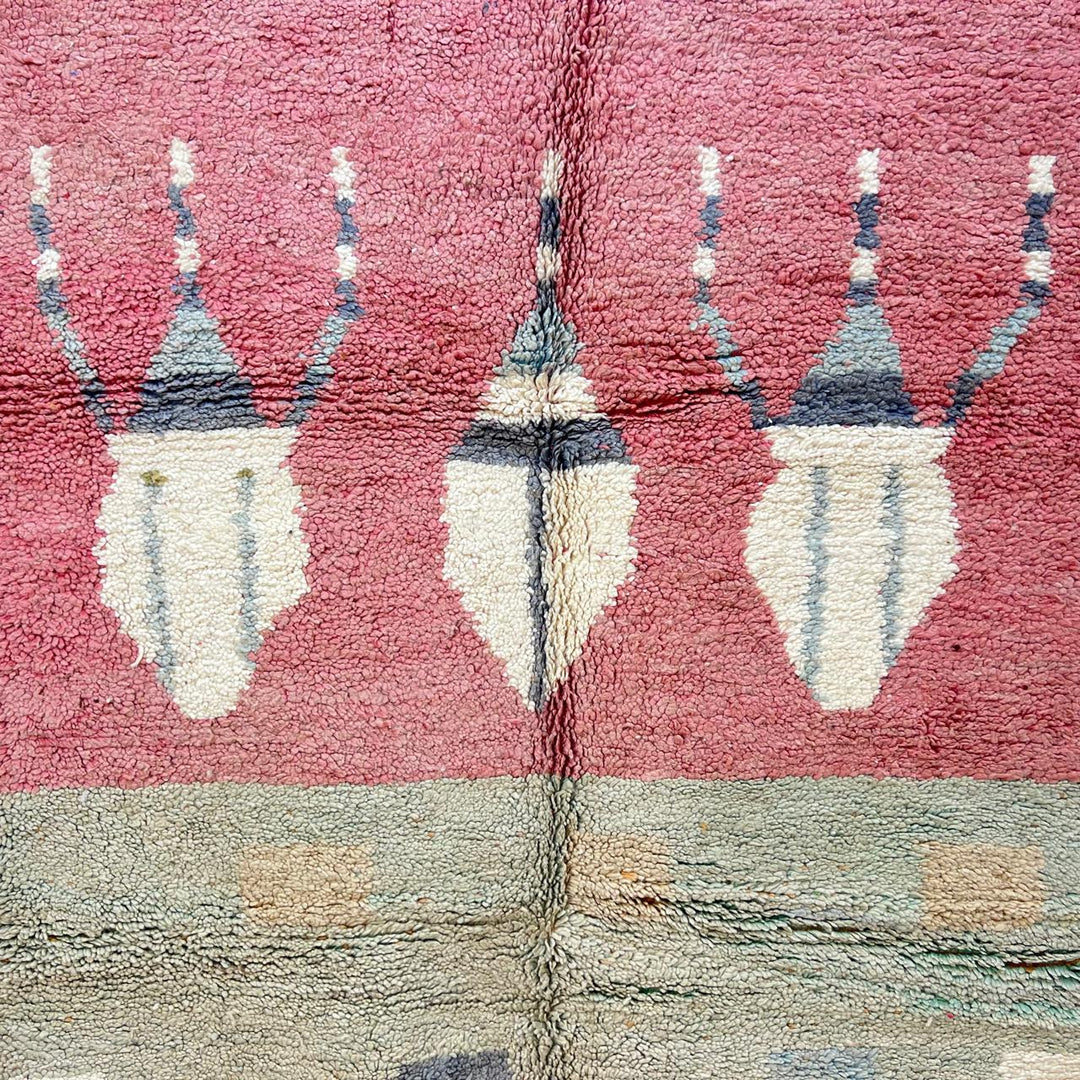 Vintage Moroccan wool rug 766 – handmade Berber carpet in faded red and sage green with geometric tribal motifs, 254 × 153 cm (8.33 × 5.02 ft).