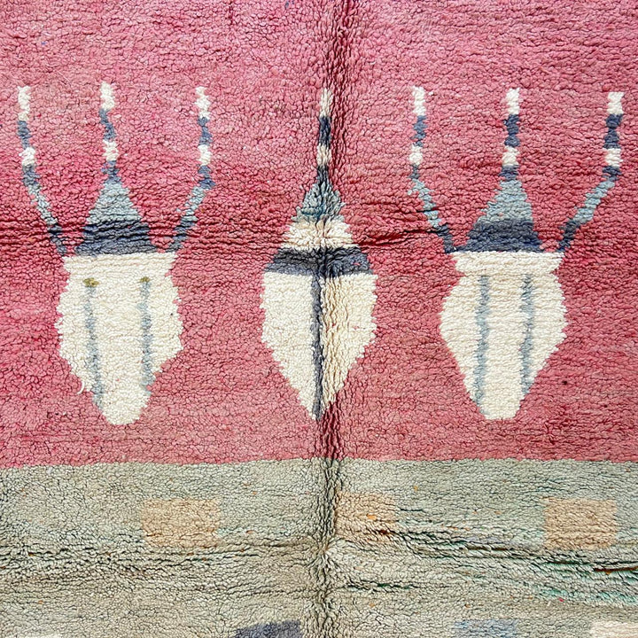 Vintage Moroccan wool rug 766 – handmade Berber carpet in faded red and sage green with geometric tribal motifs, 254 × 153 cm (8.33 × 5.02 ft).