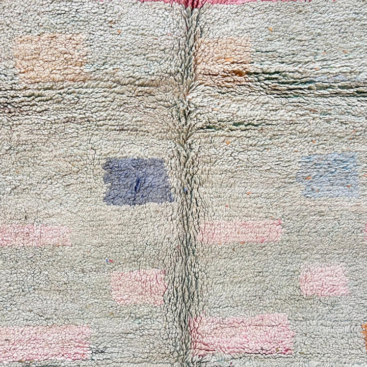 Vintage Moroccan wool rug 766 – handmade Berber carpet in faded red and sage green with geometric tribal motifs, 254 × 153 cm (8.33 × 5.02 ft).