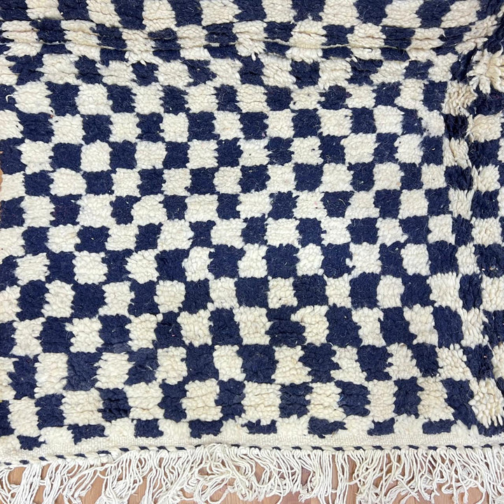 Vintage Moroccan wool rug 146 – handmade black and white checkered geometric Berber design (248 × 146 cm).
