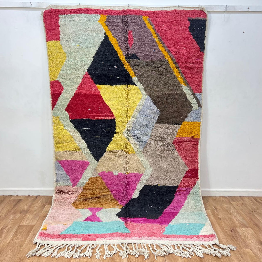 Vintage Moroccan wool rug 159 – handmade abstract geometric design in pink, yellow, and turquoise tones (258 × 158 cm).