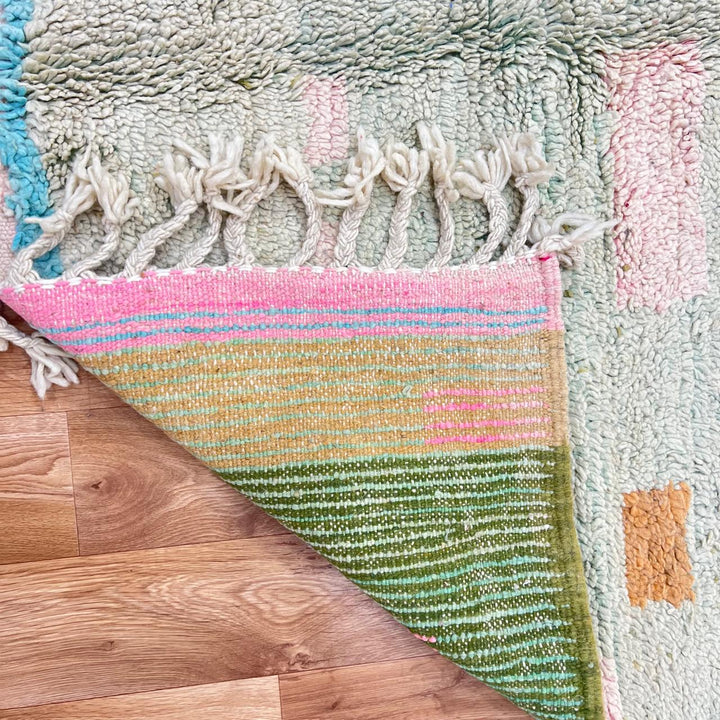 Vintage Moroccan wool rug 766 – handmade Berber carpet in faded red and sage green with geometric tribal motifs, 254 × 153 cm (8.33 × 5.02 ft).