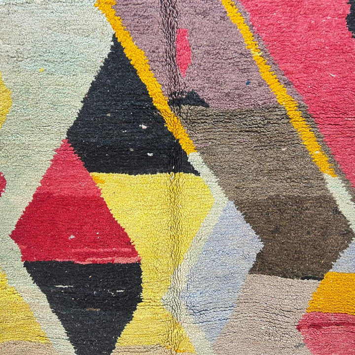 Vintage Moroccan wool rug 159 – handmade abstract geometric design in pink, yellow, and turquoise tones (258 × 158 cm).
