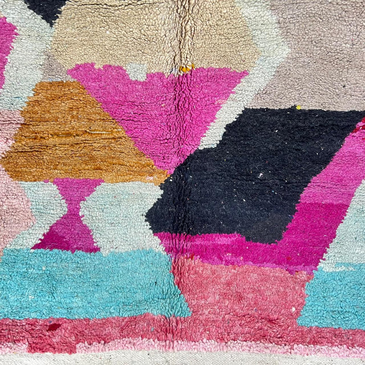 Vintage Moroccan wool rug 159 – handmade abstract geometric design in pink, yellow, and turquoise tones (258 × 158 cm).