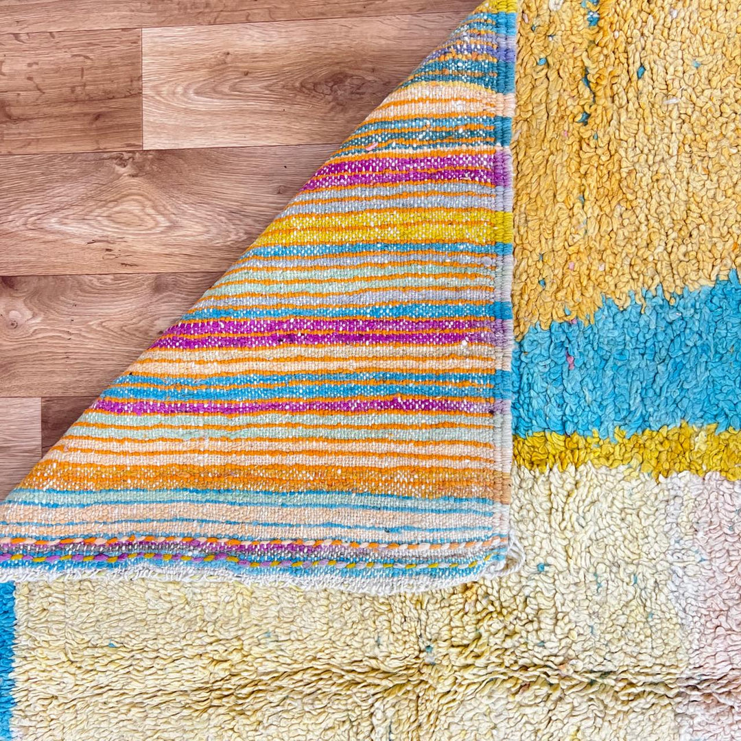 Vintage Moroccan wool rug 783 – handwoven Berber carpet with aqua blue, mustard, and cream abstract pattern, 253 × 151 cm (8.30 × 4.95 ft).
