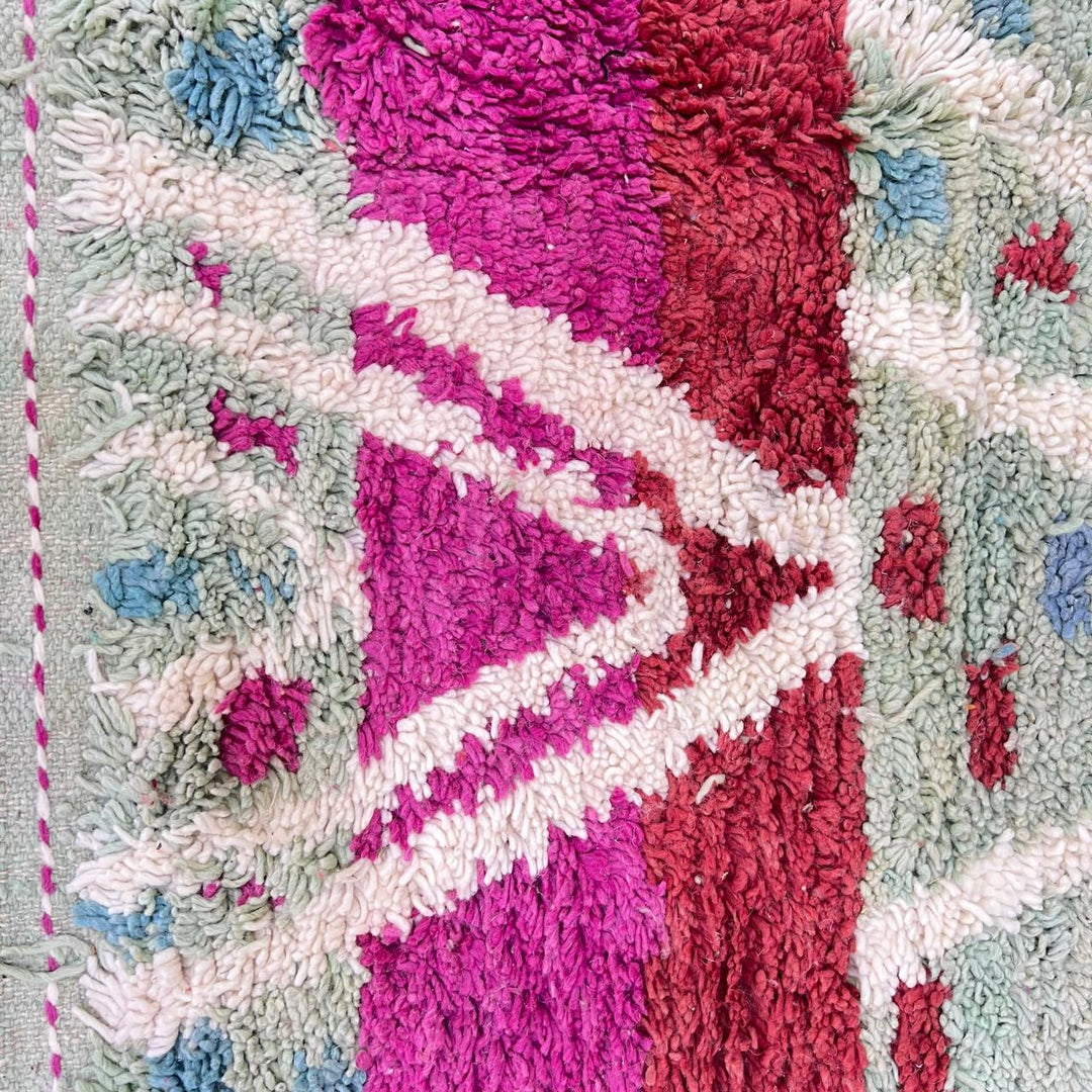 Vintage Moroccan wool rug 847 – handmade Berber carpet with mint green background and red-blue tribal dots, 286 × 198 cm (9.38 × 6.50 ft).