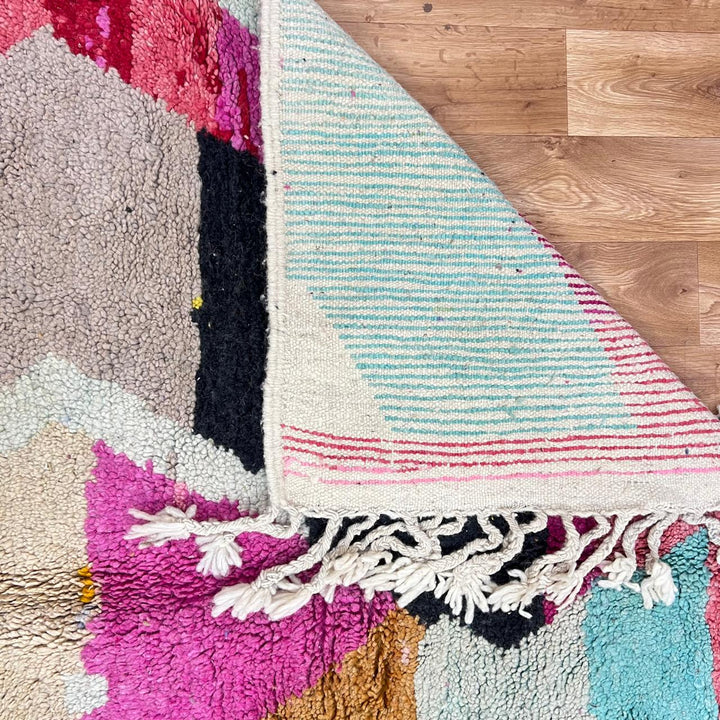 Vintage Moroccan wool rug 159 – handmade abstract geometric design in pink, yellow, and turquoise tones (258 × 158 cm).