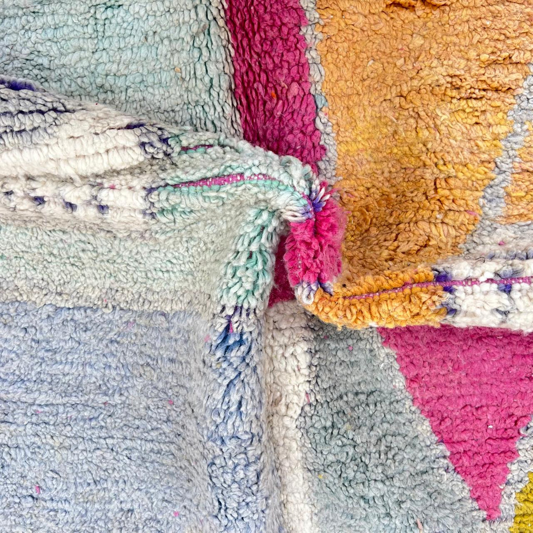 Vintage Moroccan wool rug 732 – handmade pink and mustard Berber carpet with geometric color block design (258 × 155 cm / 8.46 × 5.08 ft).