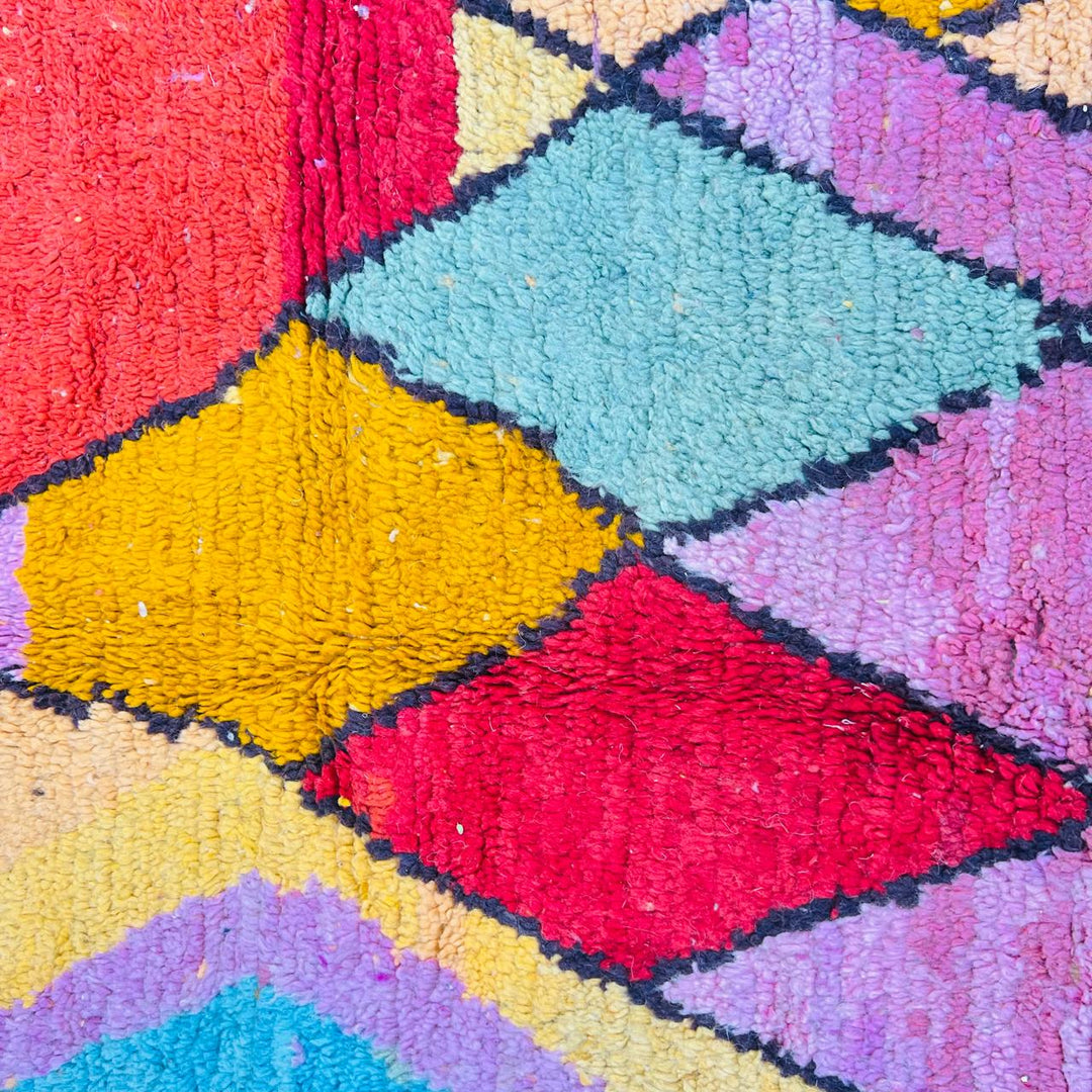Vintage Moroccan wool rug with bold abstract geometric patterns in red, pink, yellow and blue, handwoven by Berber artisans – Rug 280