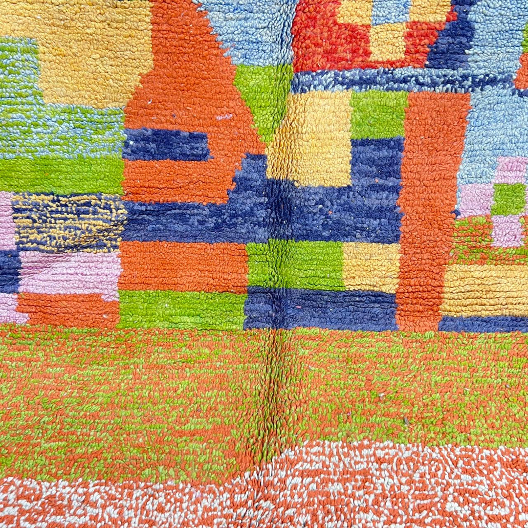 Vintage Moroccan wool rug 769 – handmade colorful abstract Berber carpet in orange, yellow and pink (262 × 156 cm / 8.59 × 5.11 ft).
