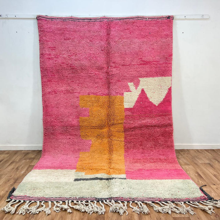 Vintage Moroccan wool rug 848 – handmade pink and orange Berber carpet, abstract color-block design, medium pile, 311 × 190 cm (10.20 × 6.23 ft).