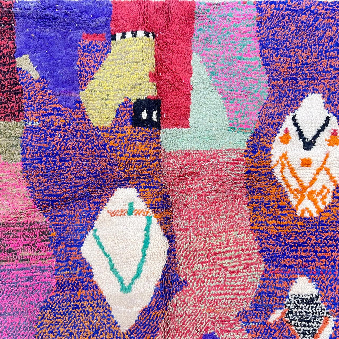 Vintage Moroccan wool rug 836 – handmade colorful Berber carpet with purple and orange geometric abstract motifs (290 × 199 cm / 9.51 × 6.53 ft).
