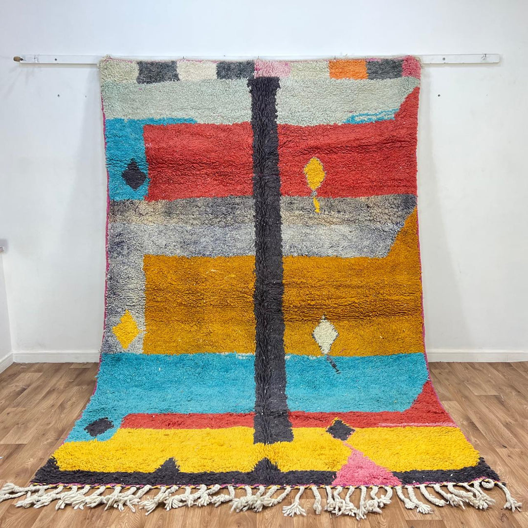 Vintage Moroccan wool rug 824 – handmade Berber carpet with yellow, blue, red, and gray abstract patterns, medium pile (299 × 200 cm / 9.81 × 6.56 ft).
