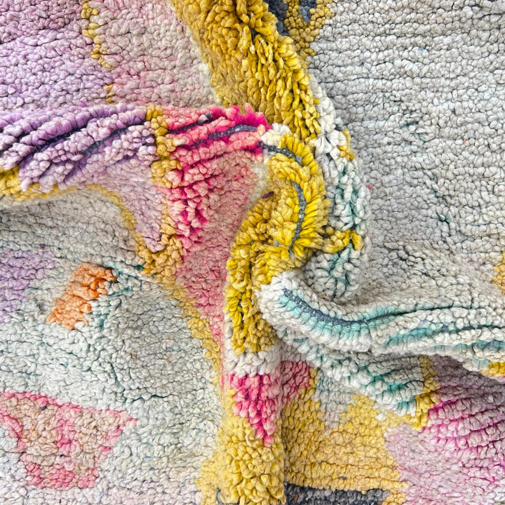 Vintage Moroccan wool rug BA106 – handmade colorful Berber carpet with yellow and pink geometric patterns (210 × 310 cm / 6.88 × 10.17 ft).