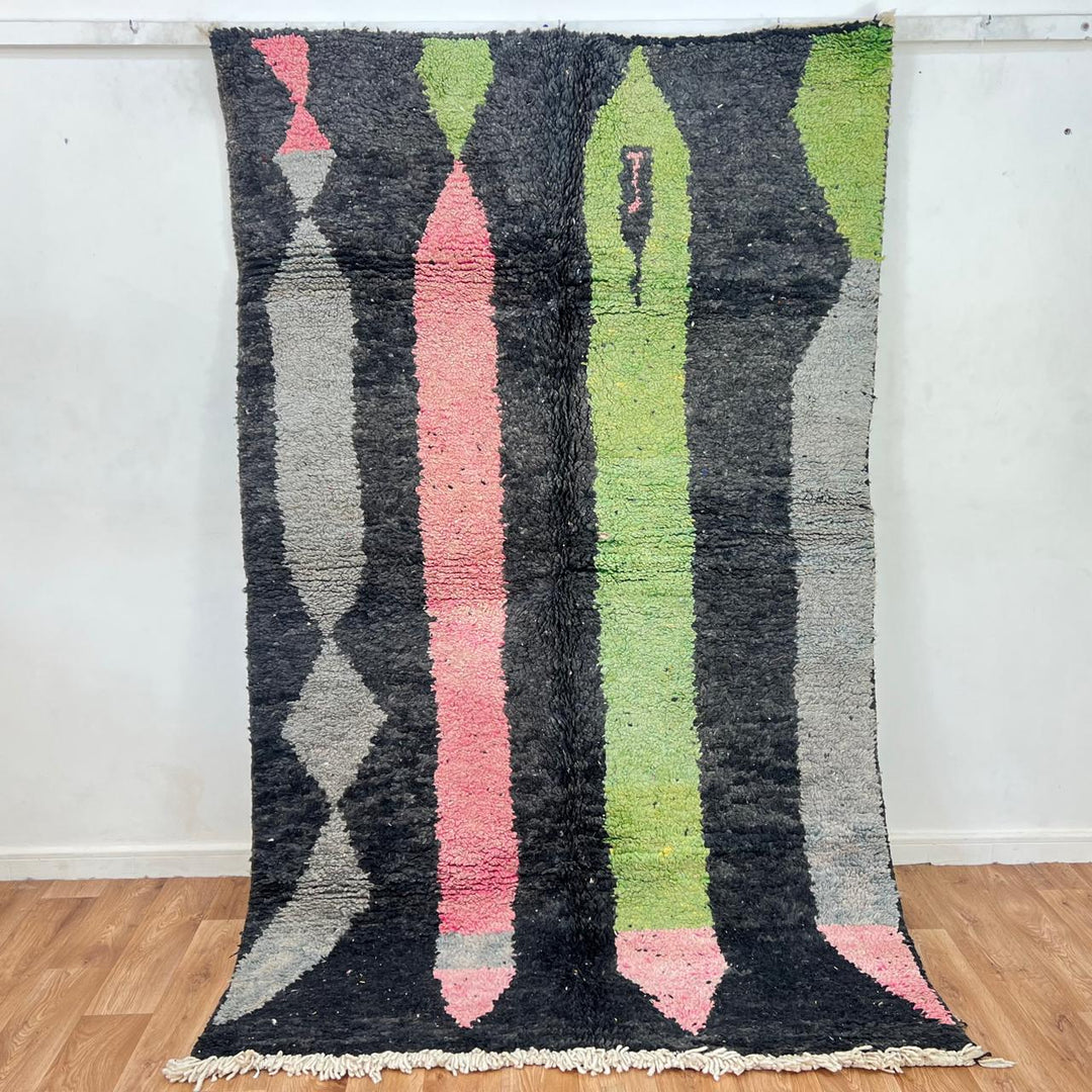 Vintage Moroccan Wool Rug – Modern Black &amp; Green Abstract Carpet 731