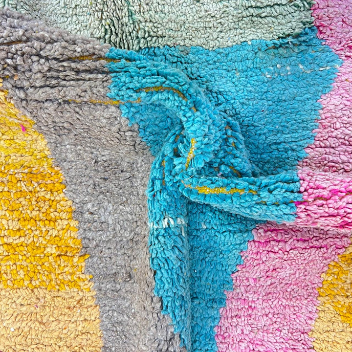 Vintage Moroccan wool rug 763 – handmade colorful Berber carpet with yellow, turquoise, pink, and red geometric diamond patterns (283 × 162 cm / 9.28 × 5.31 ft).