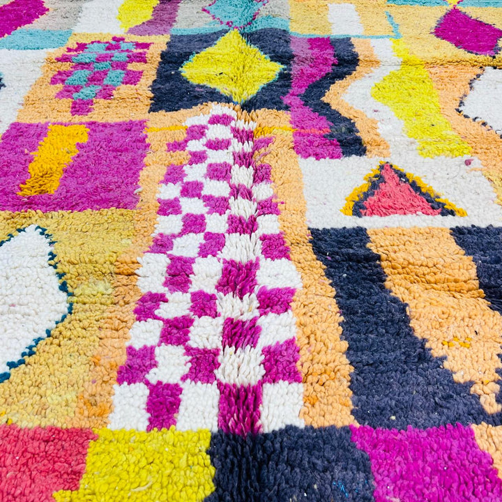 Vintage Moroccan wool rug with colorful Berber geometric grid pattern in yellow, pink, turquoise and ivory, handmade in Morocco, 251x164 cm