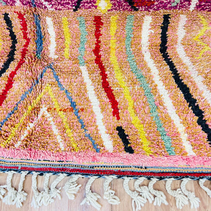 Vintage Moroccan wool rug with red base, colorful Berber diamond patterns, handmade tribal carpet