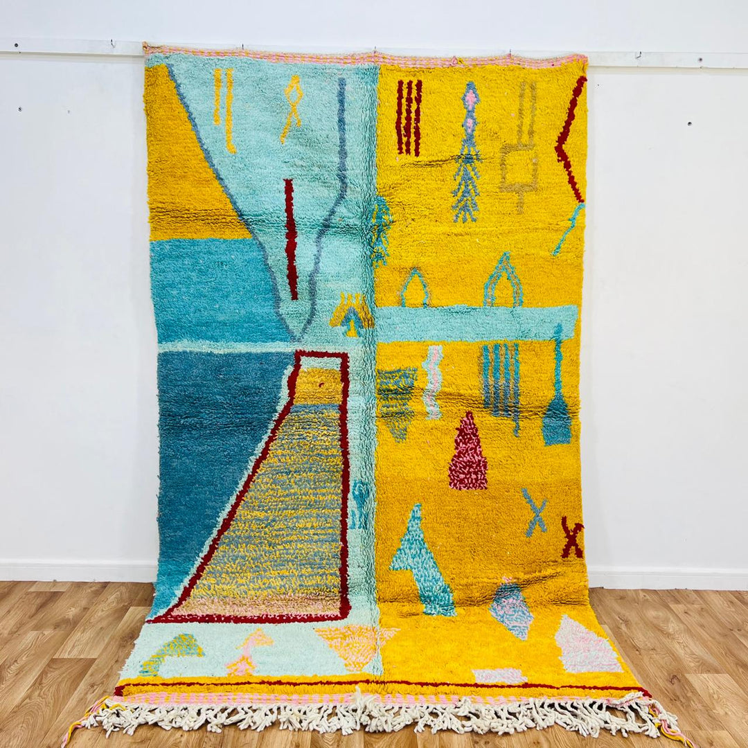 Vintage Moroccan Wool Rug 686 – Handmade Yellow Blue Berber Rug