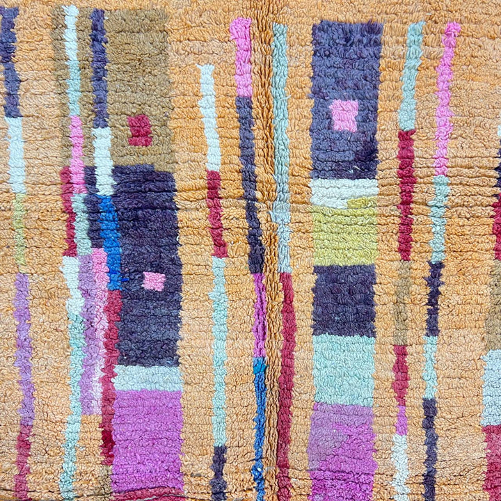 Vintage Moroccan wool rug 874 – colorful handmade Berber carpet with mustard, pink, and orange abstract stripes, 293 × 246 cm (9.61 × 8.07 ft).