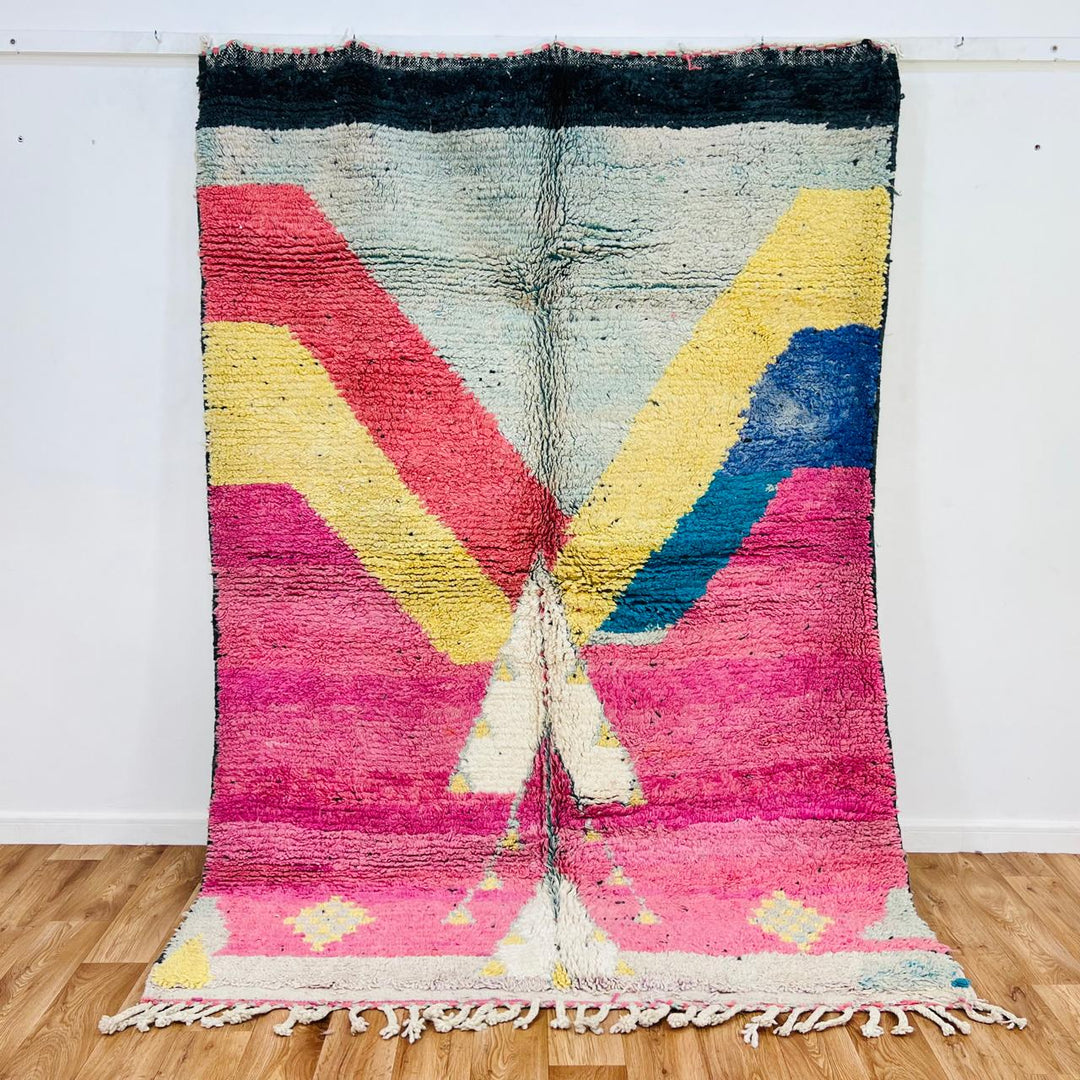Vintage Moroccan Rug – Abstract Pink and Mustard Berber Wool Carpet